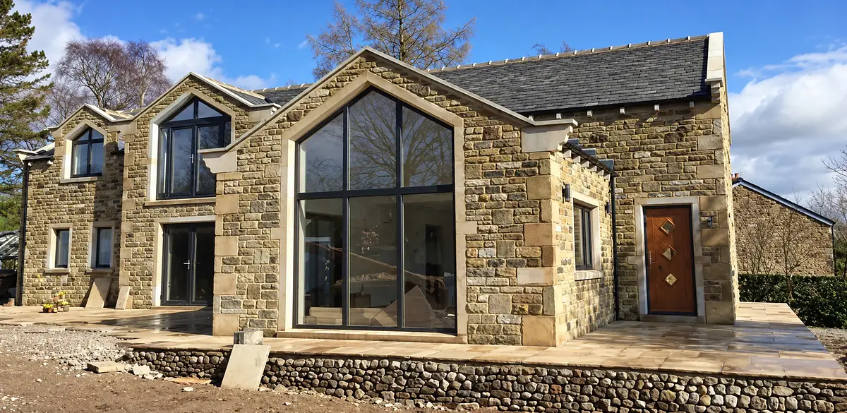 Stone new build with a full height glazed gable